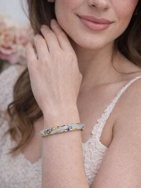 Gold-Tone Blue Enamel Floral Bangle Bracelet - Women Jewelry